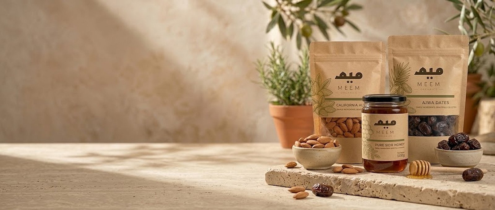 Meem Organics California almonds, Ajwa dates and Sidr honey on a travertine stone ledge